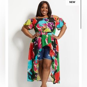 Ashley Stewart Abstract Off the Shoulder Duster